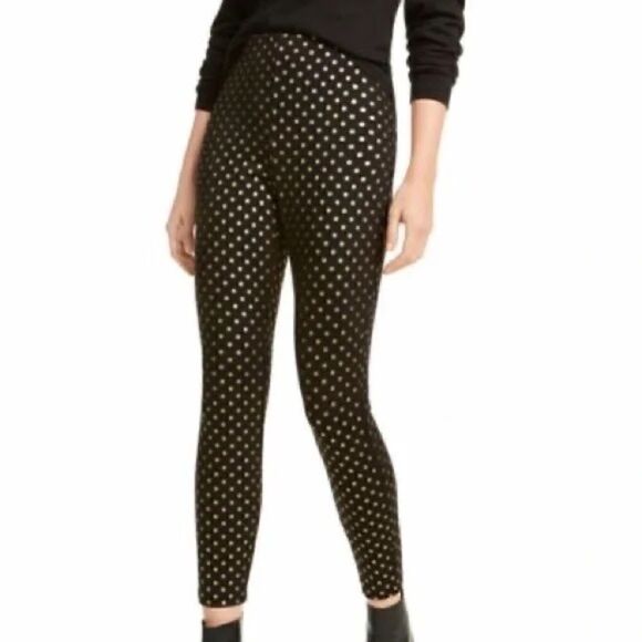 NWT MAISON JULES Black And Gold Polkadot Mid Rise Leggings H228 - Picture 1 of 6